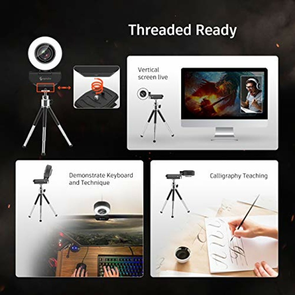Angetube Webcam Streaming HD 1080P Avec Anneau Lumière Intégré - Caméra Autofocus Double Micro Pour PC, Mac, OBS, YouTube